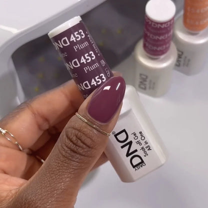 Close-up manicure showing DND Plum Wine #453 plum wine gel nail polish colour on nails.
