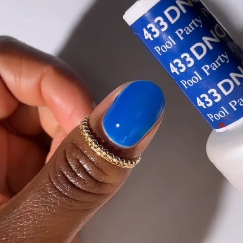 Close-up manicure showing DND Pool Party #433 pool blue gel nail polish colour on nails.