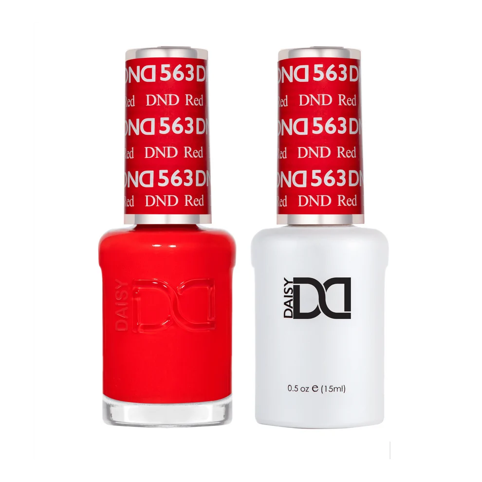 DND Red #563 gel and lacquer duo set with both bottles shown together