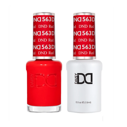 DND Red #563 gel and lacquer duo set with both bottles shown together