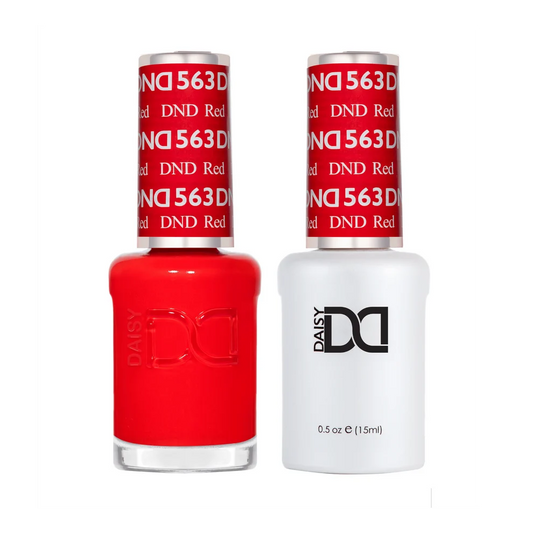 DND Red #563 gel and lacquer duo set with both bottles shown together