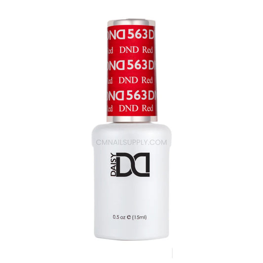 DND Red #563 gel polish bottle in a dramatic neon red classic shade