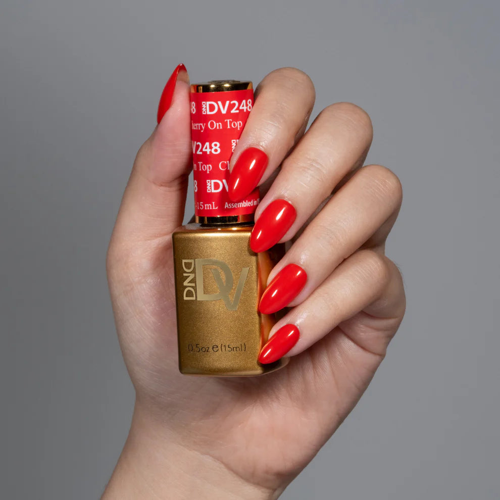 Manicured hand wearing DND red nail polish in Cherry On Top shade