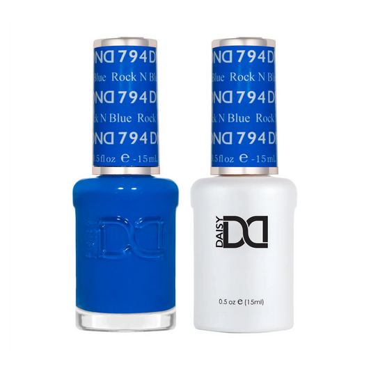 DND Rock n Blue 794 gel and lacquer polish bottles, DND polish Canada
