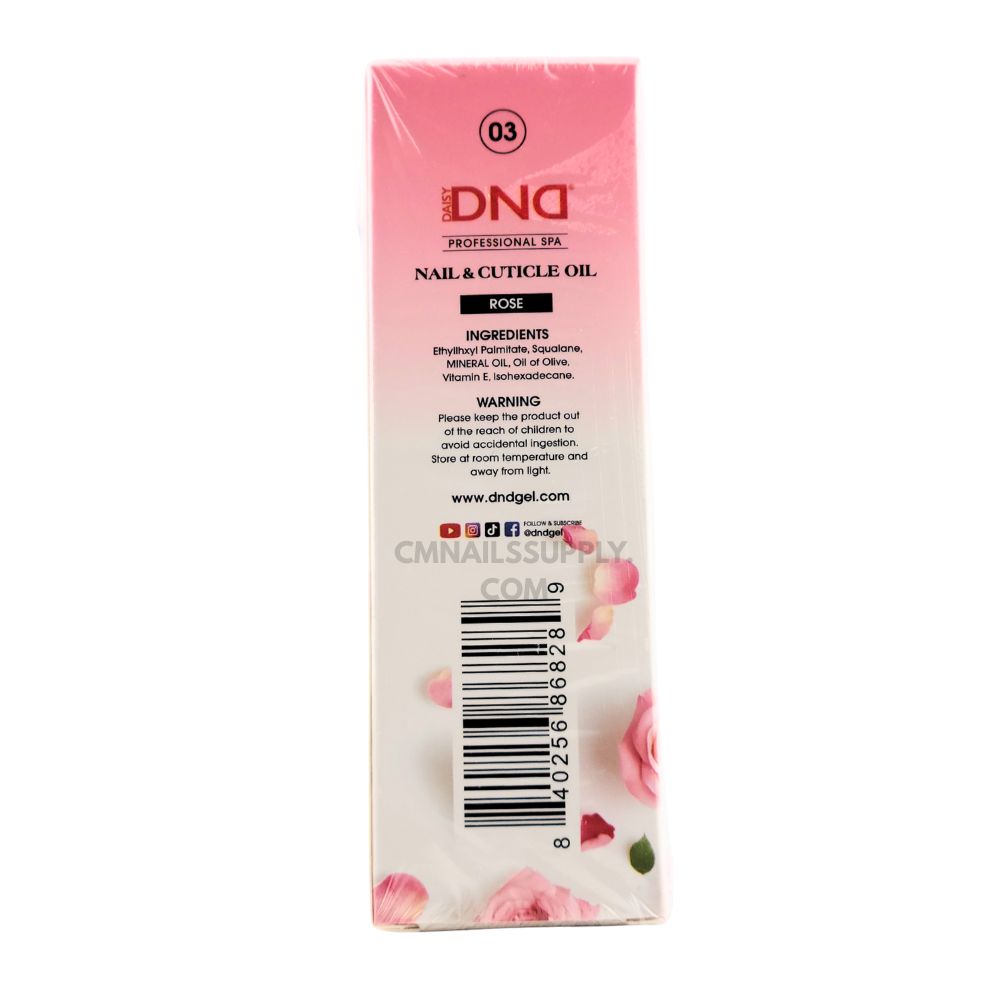 DND rose Nail and Cuticle Oil – non-greasy, top-rated cuticle oil made in USA (back label)