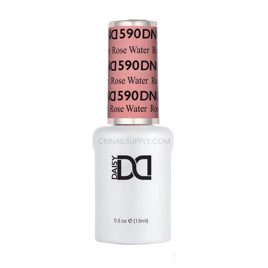 DND Rose Water #590 gel polish bottle in a chic warm toned pink beige shade