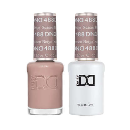 DND Season Beige #488 Gel & Lacquer Duo featuring matching light brown nude gel polish and nail lacquer.