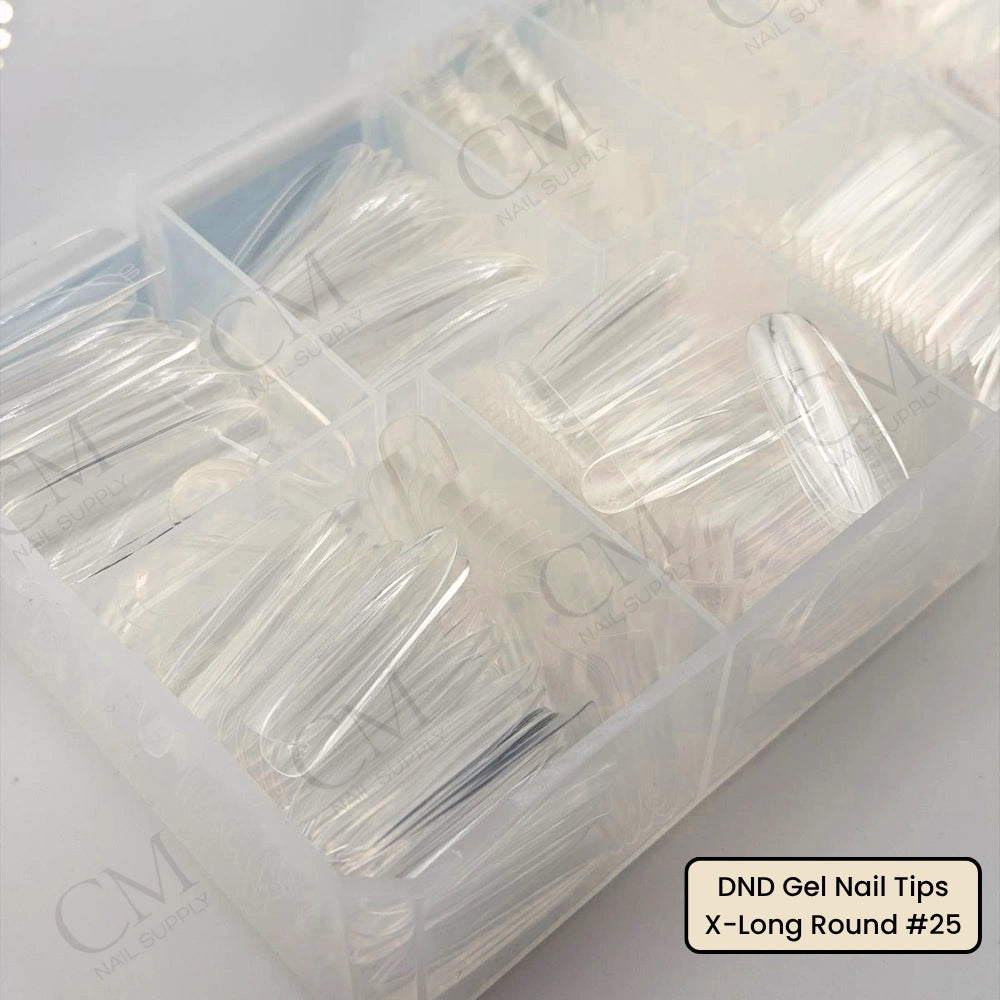 DND soft gel nail tips long almond close up clear full cover tip of box