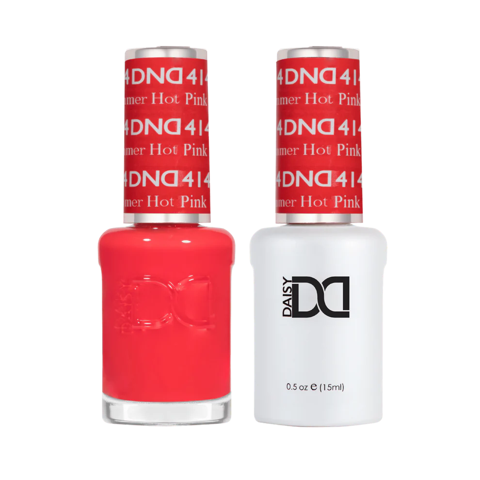 DND Summer Hot Pink #414 gel and lacquer duo set showing jelly coral pink salon nail polish system