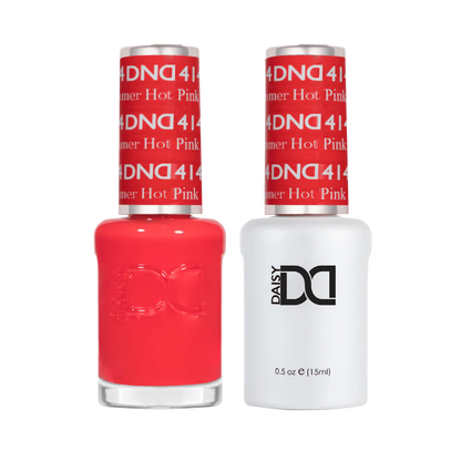 DND Summer Hot Pink #414 gel and lacquer duo set showing jelly coral pink salon nail polish system