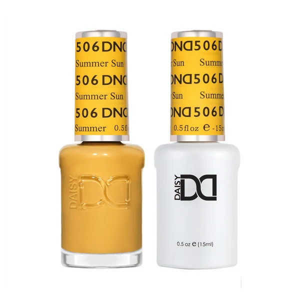 DND Summer Sun #506 Gel & Lacquer Duo featuring matching warm mustard yellow gel polish and nail lacquer.