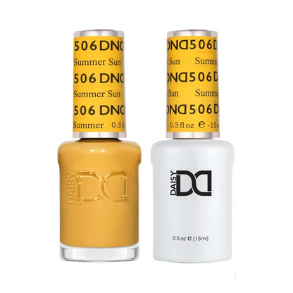 DND Summer Sun #506 Gel & Lacquer Duo featuring matching warm mustard yellow gel polish and nail lacquer.
