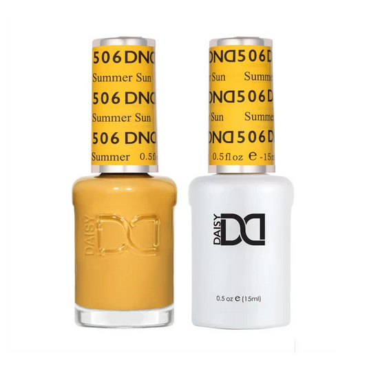 DND Summer Sun #506 Gel & Lacquer Duo featuring matching warm mustard yellow gel polish and nail lacquer.