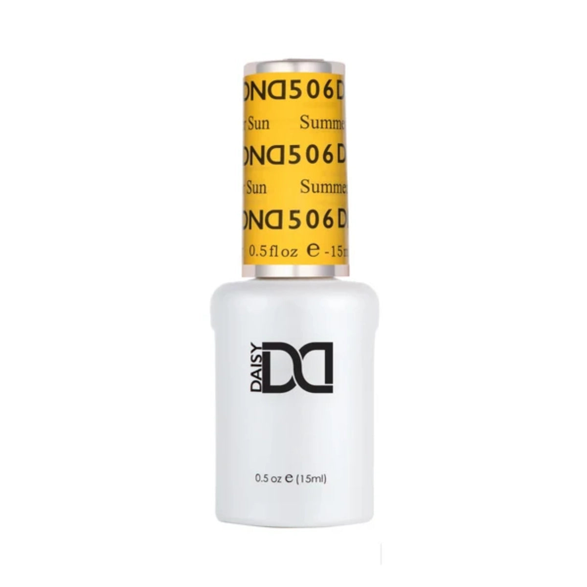 DND Summer Sun #506 gel polish bottle in a bold warm mustard yellow shade.