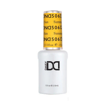 DND Summer Sun #506 gel polish bottle in a bold warm mustard yellow shade.