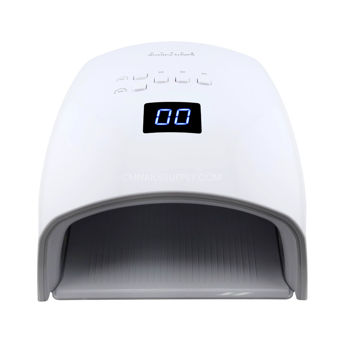 A white UV LED nail lamp with a digital display for gel nails shown from front