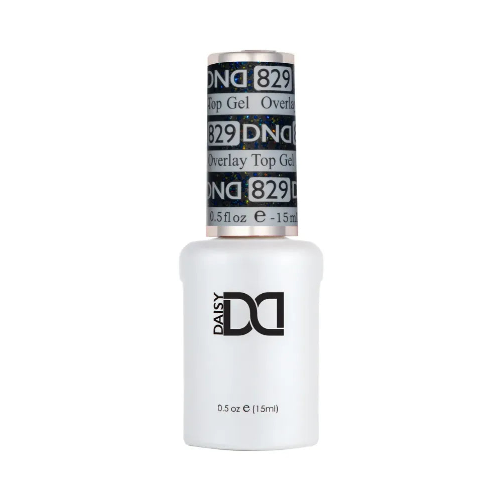 DND nail gel polish bottle with overlay top coat on a white background