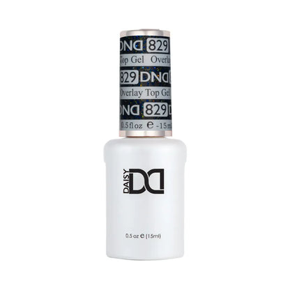 DND nail gel polish bottle with overlay top coat on a white background