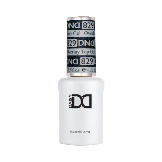 DND nail gel polish bottle with overlay top coat on a white background