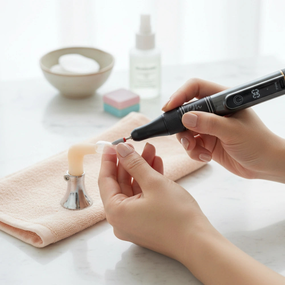 Person using a nail drill on a white surface with a towel and small container in the background.