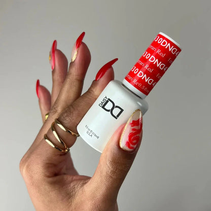 Ferrari red nail polish color comparison showing DND 430 against other bright red gel polish shades