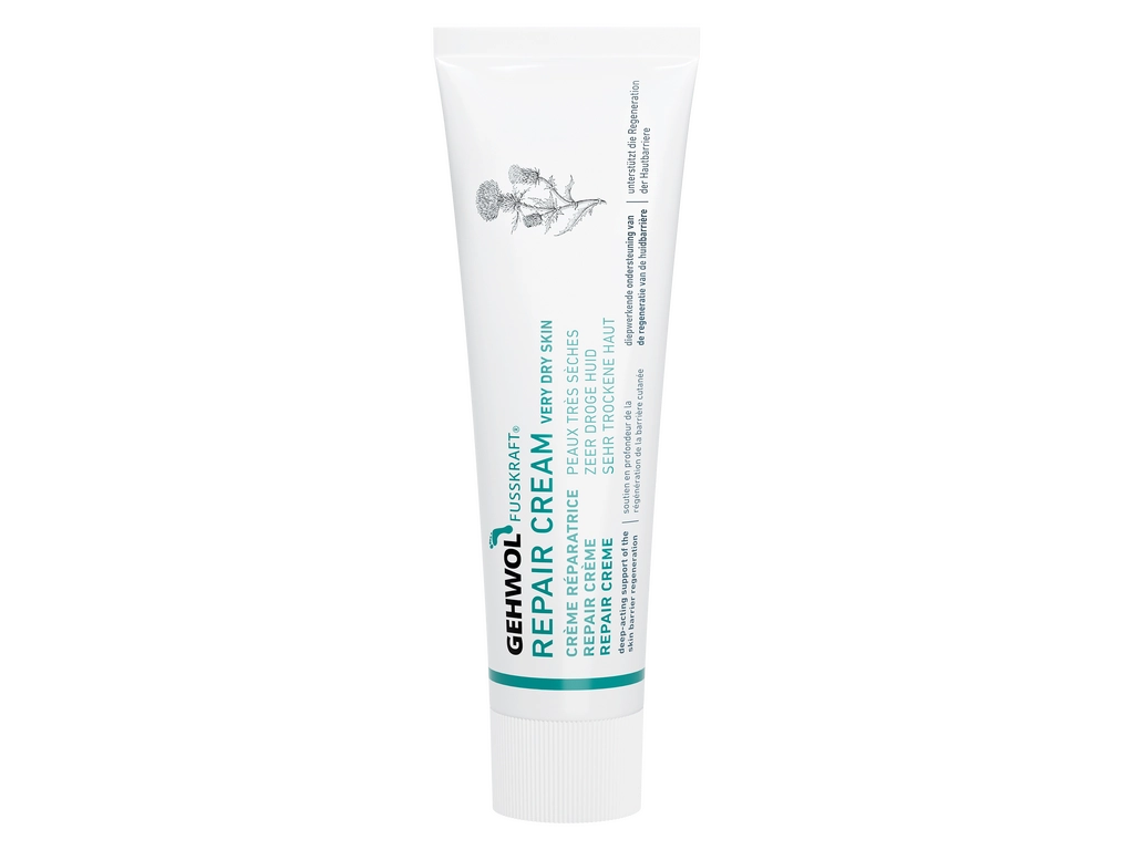 Tube of gehwol Repair Cream on a white background Gehwol intensive repair cream with 5% panthenol and vitamin E for damaged skin