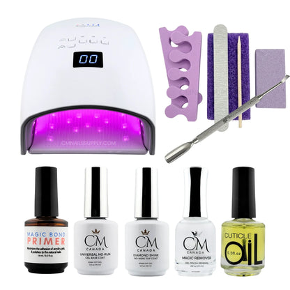 Gel starter kit with nail lamp bundle showing the lamp, base coat, top gel, and finishing tools arranged together