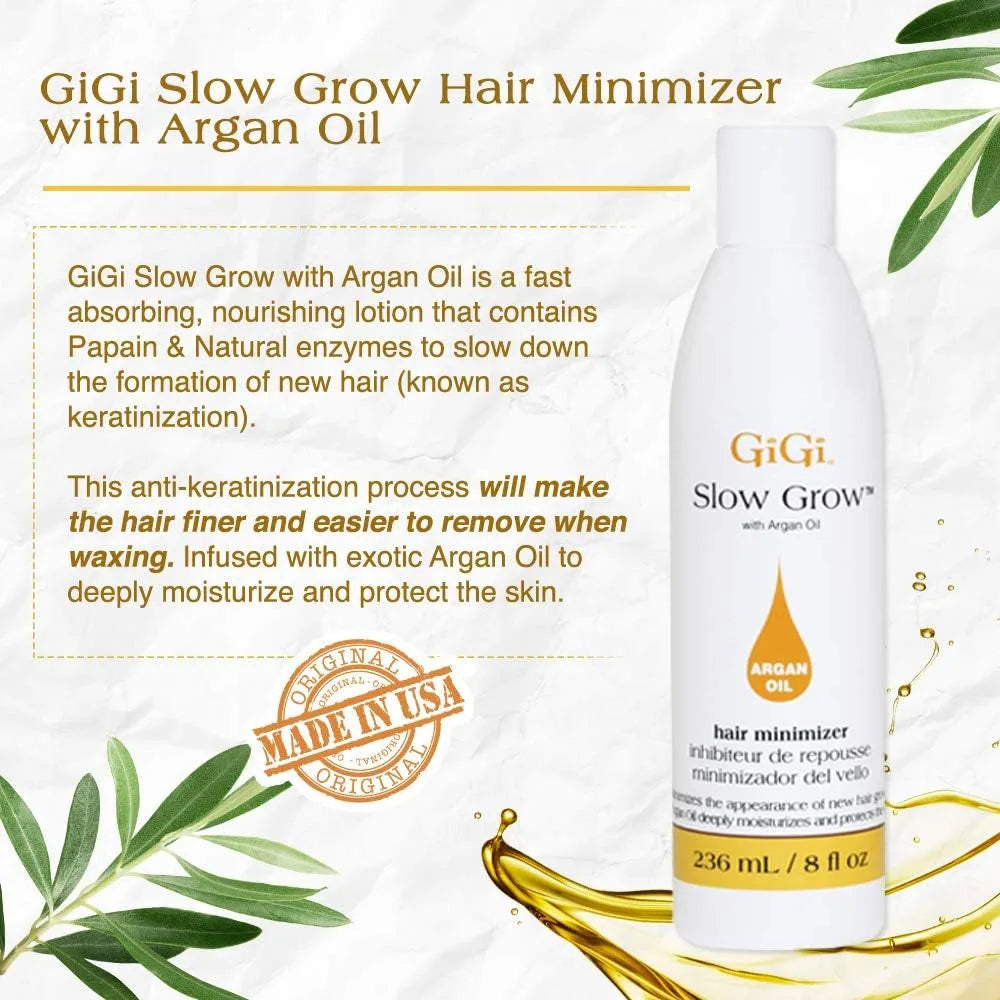 GiGi Slow Grow Hair Minimizer with Argan Oil bottle on a white background with text and olive leaves.