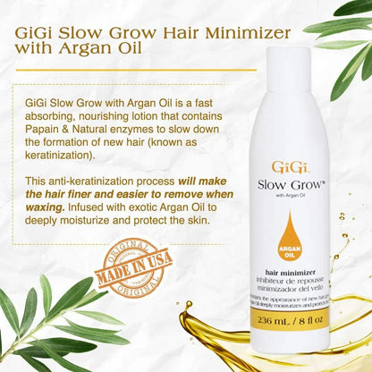 GiGi Slow Grow Hair Minimizer with Argan Oil bottle on a white background with text and olive leaves.