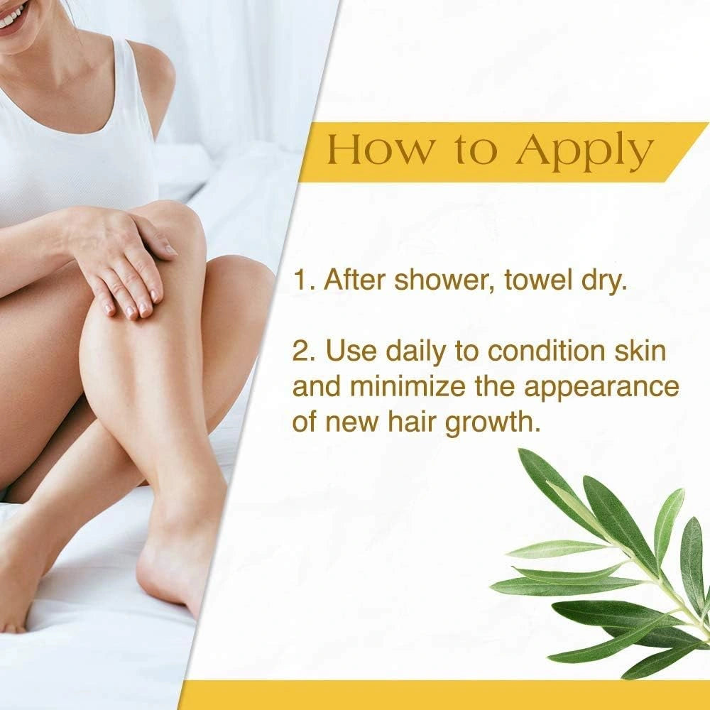 Instructions on how to apply GiGi Slow Grow hair regrowth minimizer into the skin as the perfect finishing touch for a post-wax routine.