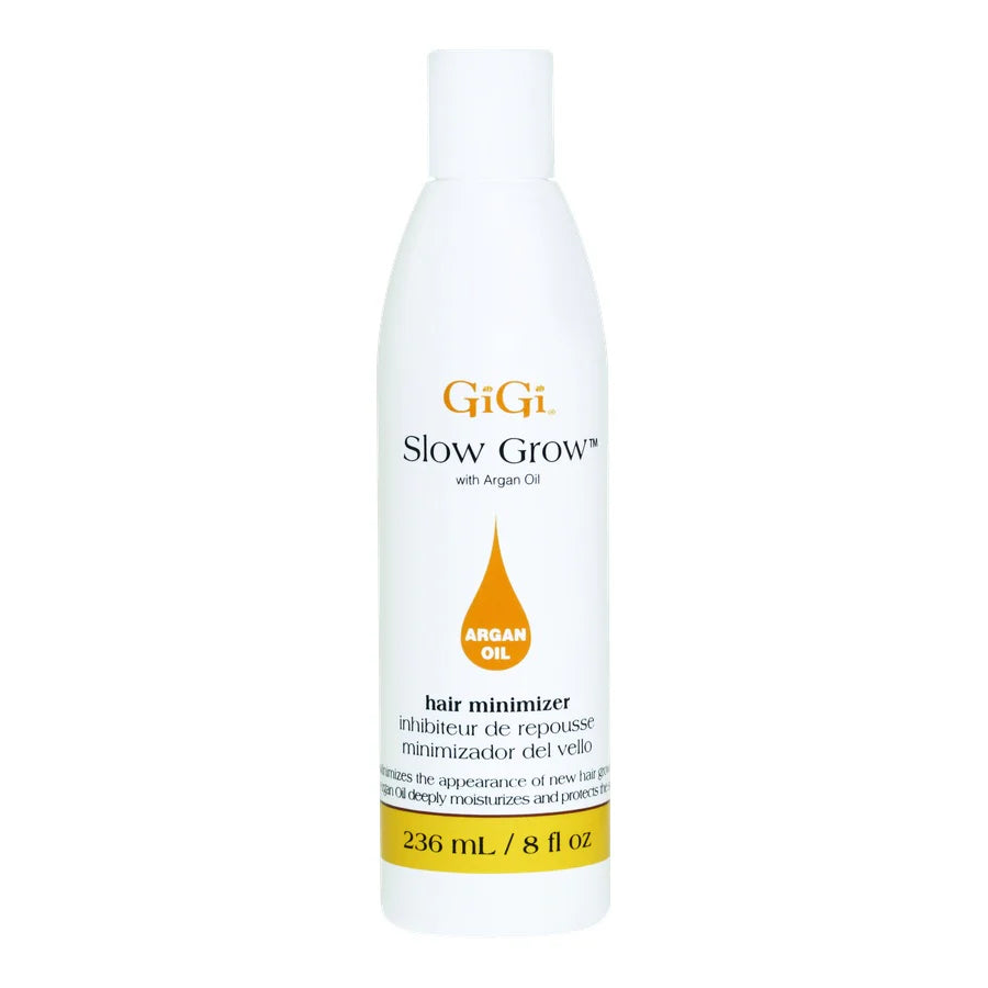 Front view of the GiGi Slow Grow with Argan Oil Hair Regrowth Minimizer 8 oz bottle.
