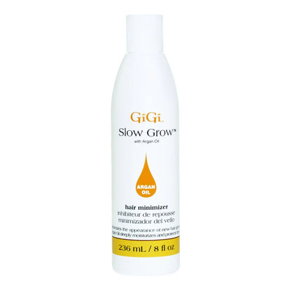 Front view of the GiGi Slow Grow with Argan Oil Hair Regrowth Minimizer 8 oz bottle.