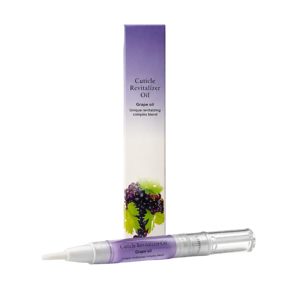 Grape scented nourishing oil for cuticles and nails in a portable applicator.