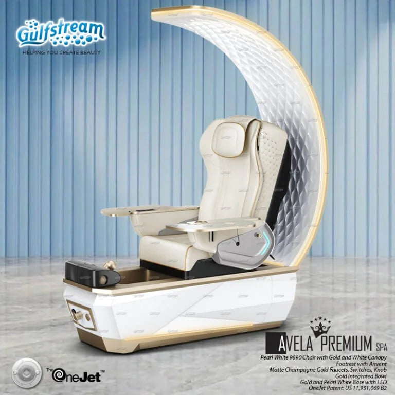 Gulfstream Avela Premium Spa pedicure chair with pearl white 9690 massage chair and gold and white base