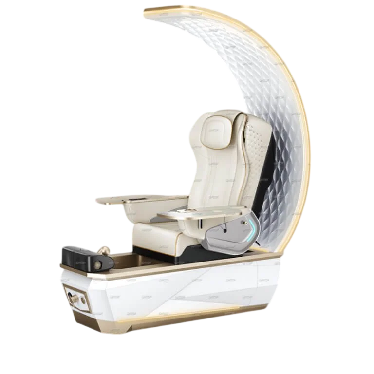 Gulfstream Avela Premium Spa pedicure chair with pearl white 9690 massage chair and gold and white base