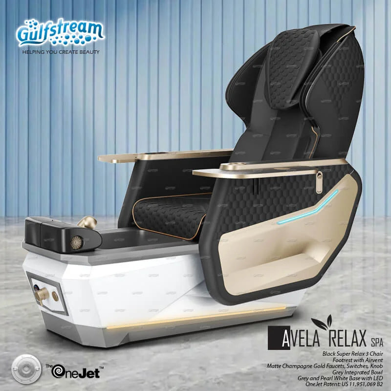 Gulfstream Avela Relax Spa pedicure chair with black Super Relax chair and grey and white base
