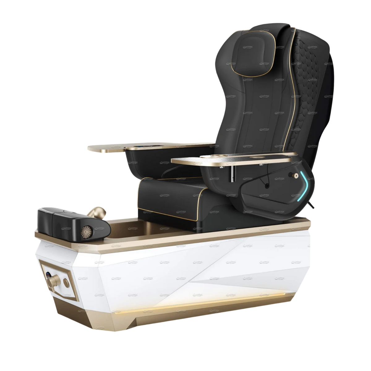 Gulfstream Avela Spa pedicure chair with black 9690 massage chair and gold and white base