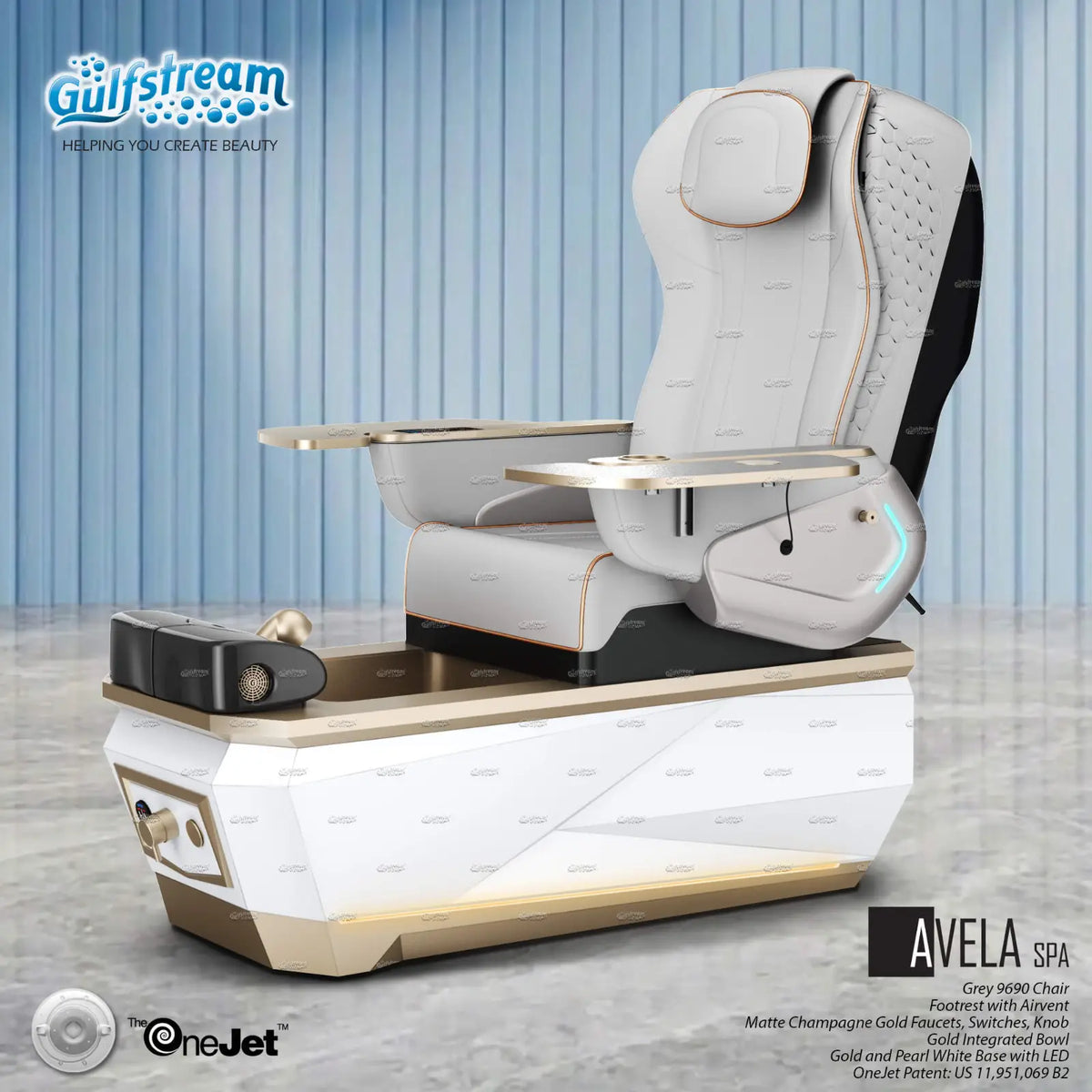 Gulfstream Avela Spa pedicure chair with grey 9690 massage chair and gold and white base