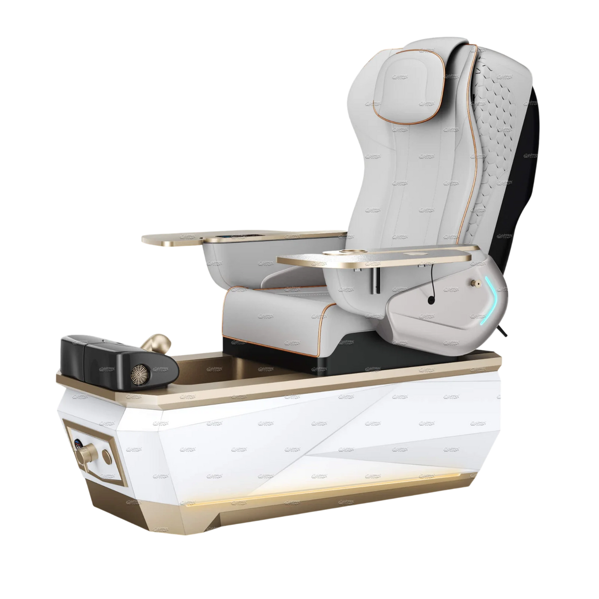Gulfstream Avela Spa pedicure chair with grey 9690 massage chair and gold and white base