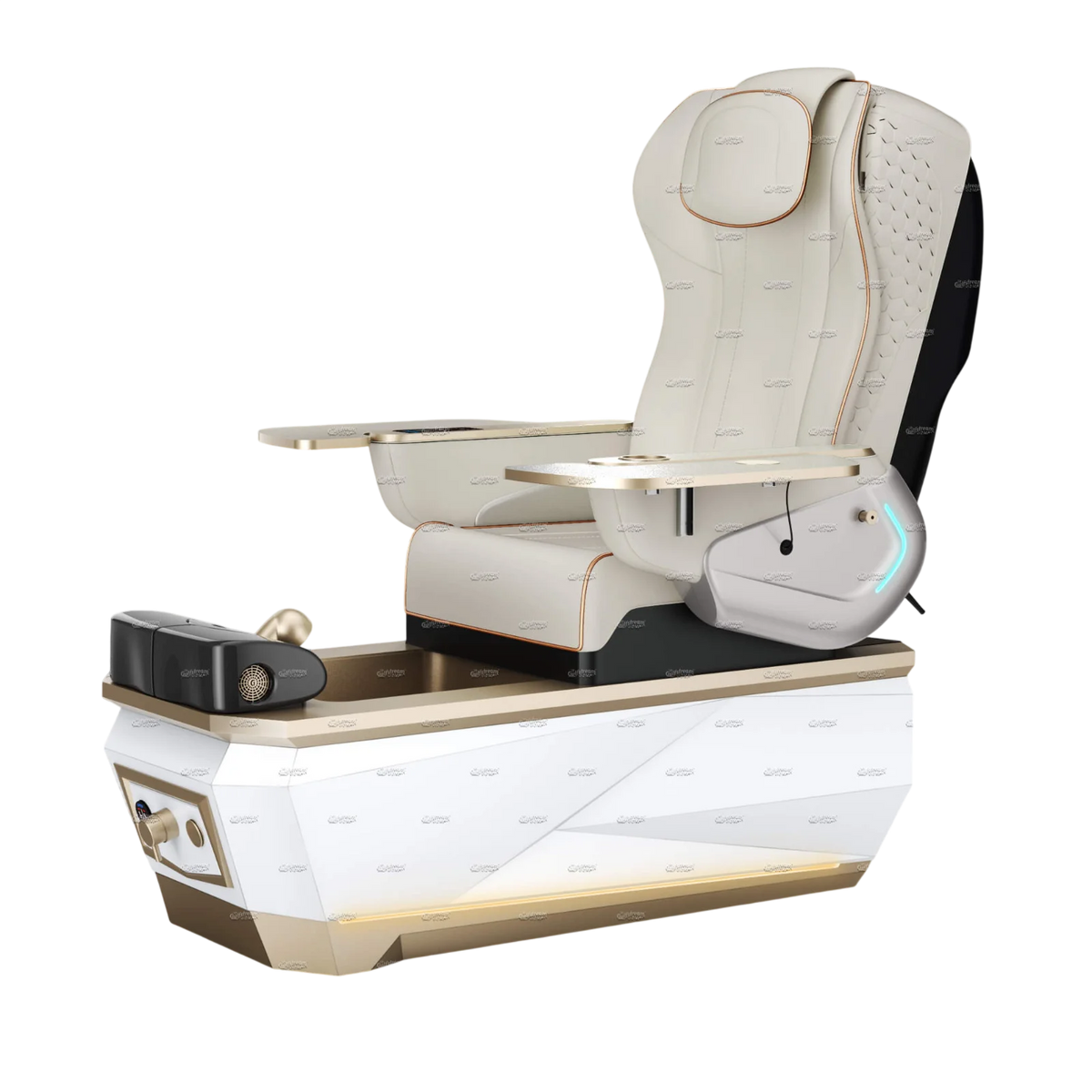 Gulfstream Avela Spa pedicure chair with pearl white 9690 massage chair and gold and white base