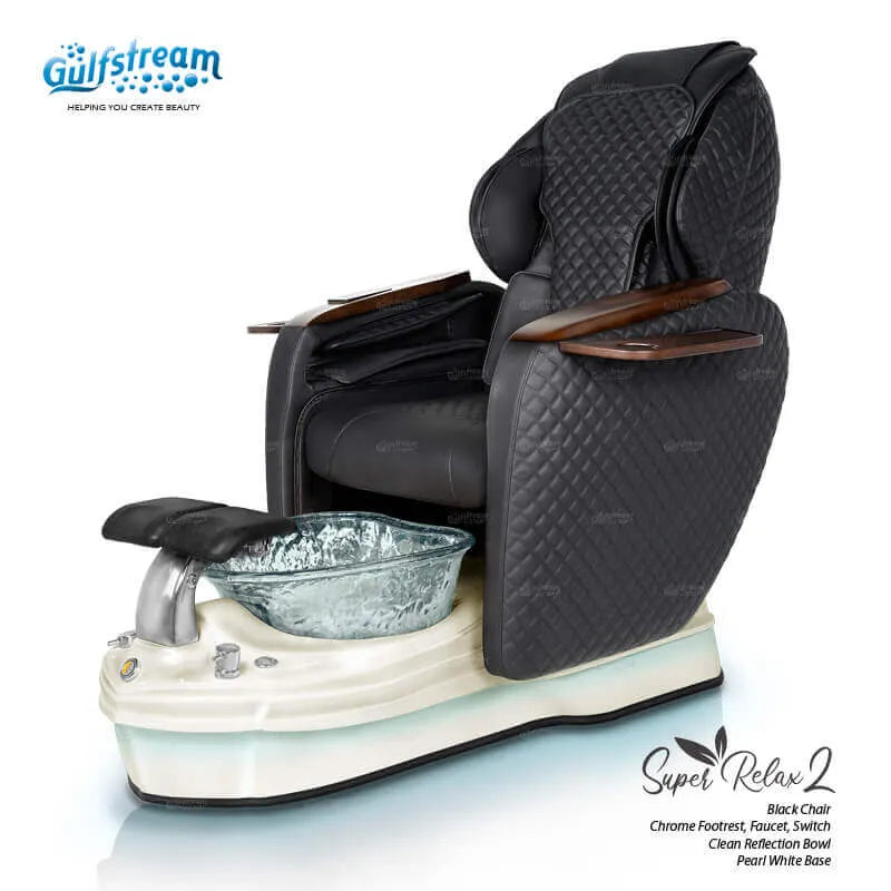 Gulfstream Super Relax 2 Spa pedicure chair with black leather massage chair and white base, angled view