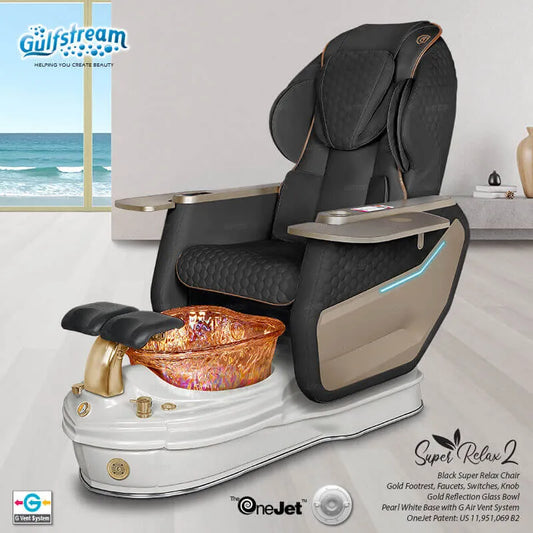 Gulfstream Super Relax 2 Spa pedicure chair with black leather massage chair and white base, front view
