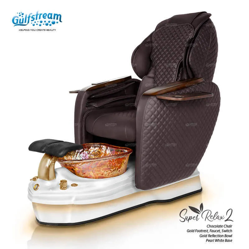 Gulfstream Super Relax 2 Spa pedicure chair with brown leather massage chair, white base and gold reflection glass bowl