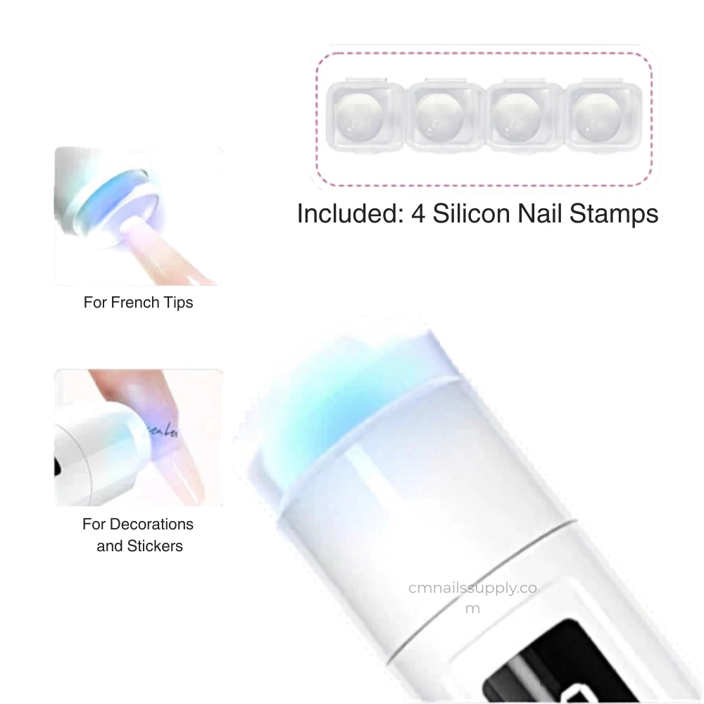 Nail art tool with 4 silicon nail stamps included on a white background