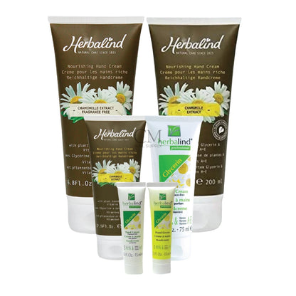 Herbalind hand cream set with various sizes on a white background