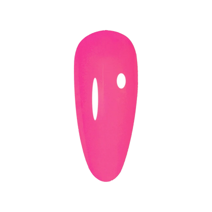 Swatch of DC Jelly 011 Hot Pink jelly gel polish applied on a nail tip to show the bold hot pink color and creamy finish
