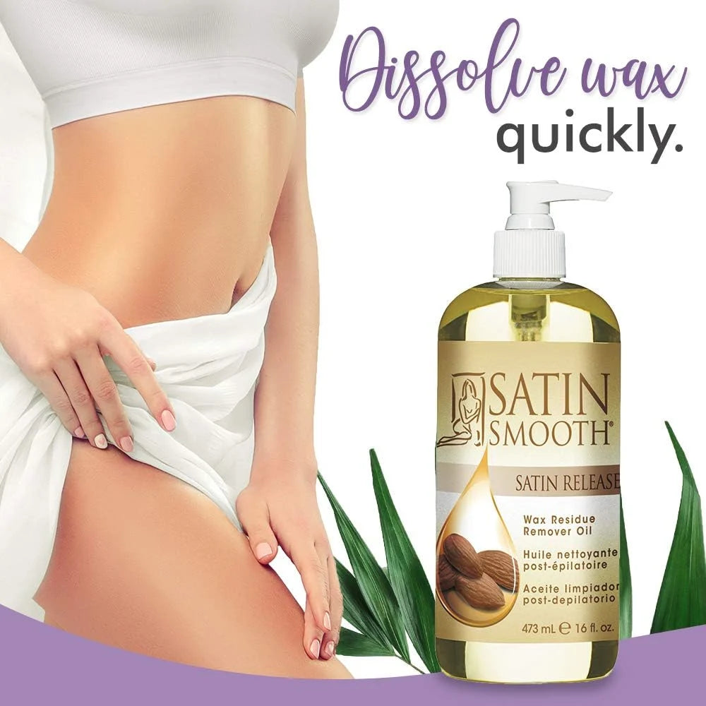 Applying Satin Release oil to remove wax residue from skin after waxing