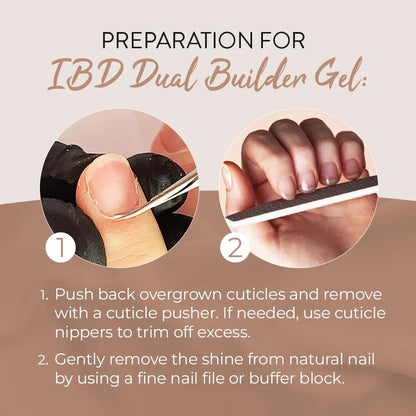 step by step application infographic for IBD Dual Builder Gel showing soft gel tip placement cure times and finishing steps
