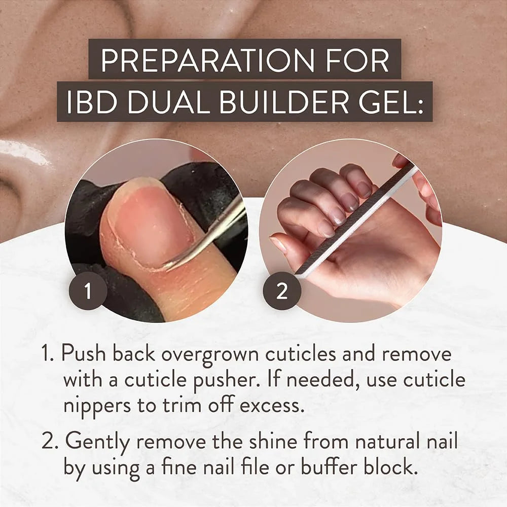 Infographic highlighting IBD Dual Builder Gel Barely Nude benefits for soft gel tip bonding overlay and natural nail extension