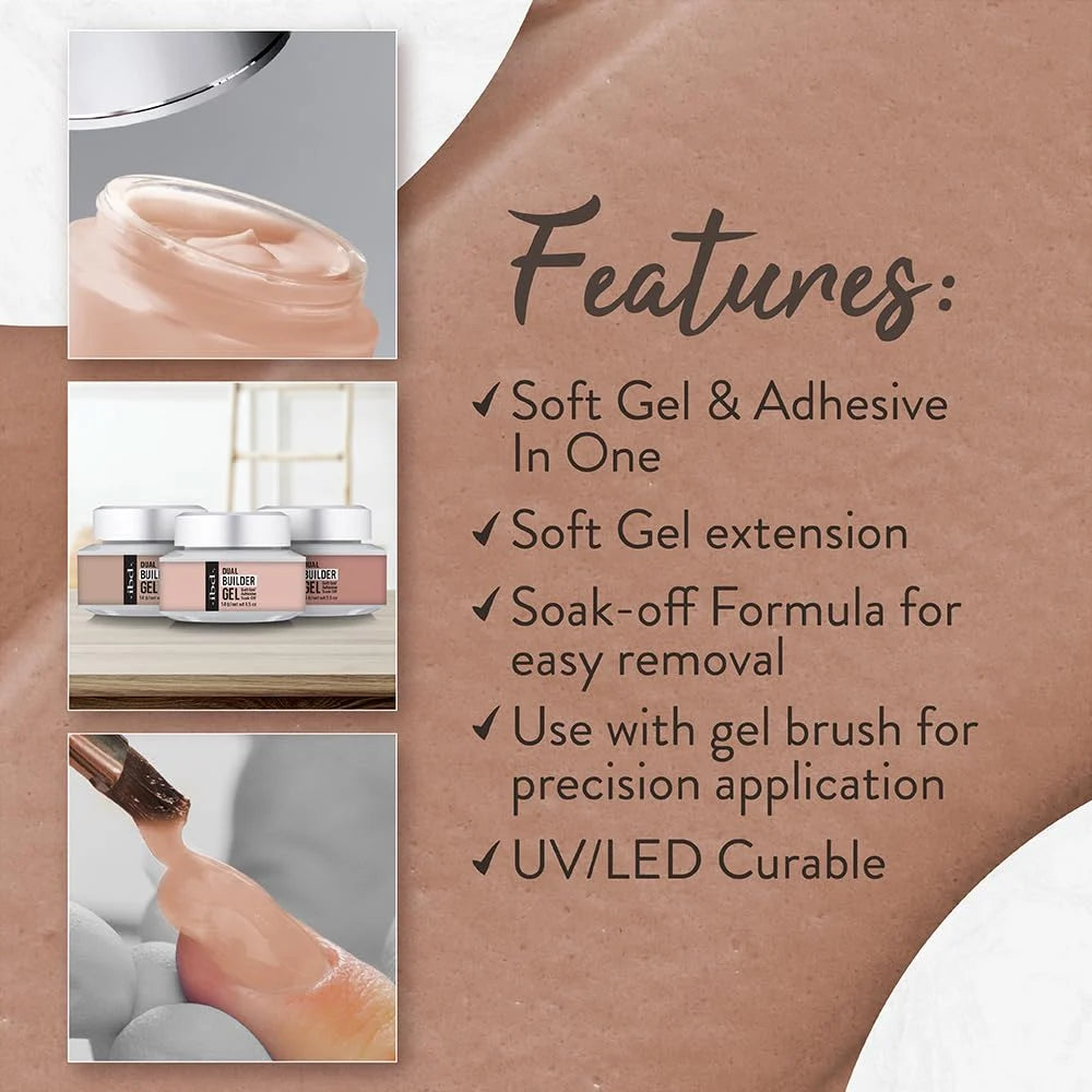 Infographic showing IBD Dual Builder Gel Barely Nude key features including soft gel adhesive soak-off formula and UV LED cure